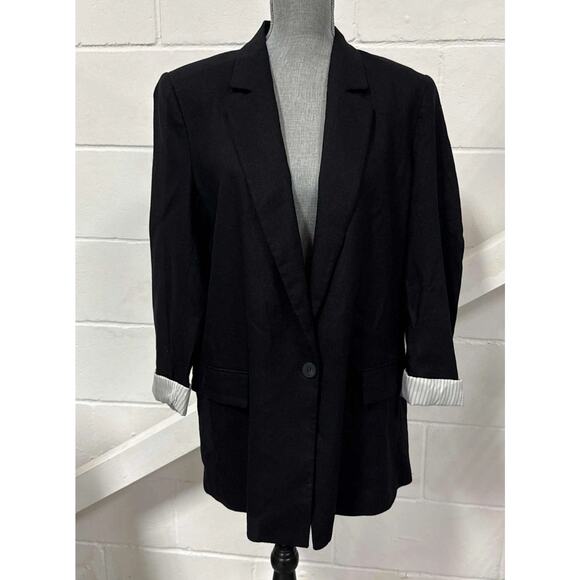ZARA Women’s Blazer Jacket Black Linen Blend Rolled Sleeve One Button Large NWT - Picture 1 of 11